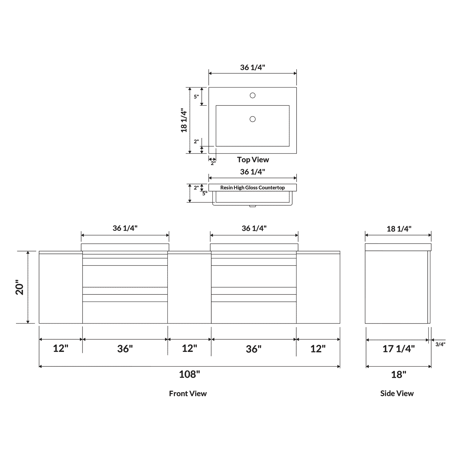 108" W Wall-Mount White Vanity Set with Two Sinks (LV8-C21W-108W) Style 8 - Image 3