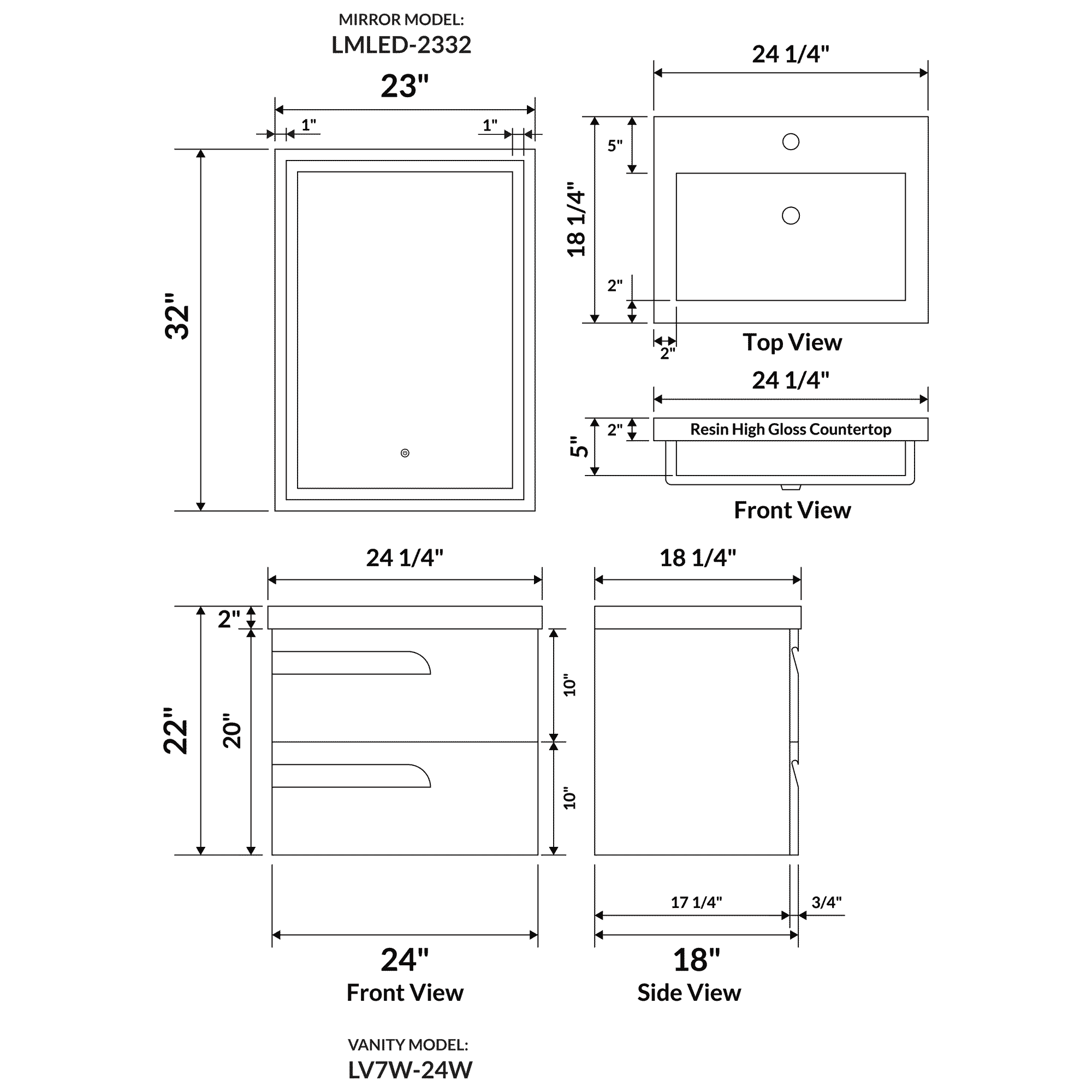 24" Wall Mount Single Sink Bathroom Vanity in Gray Gloss with Square Counter Top LV7W-24G - Image 3