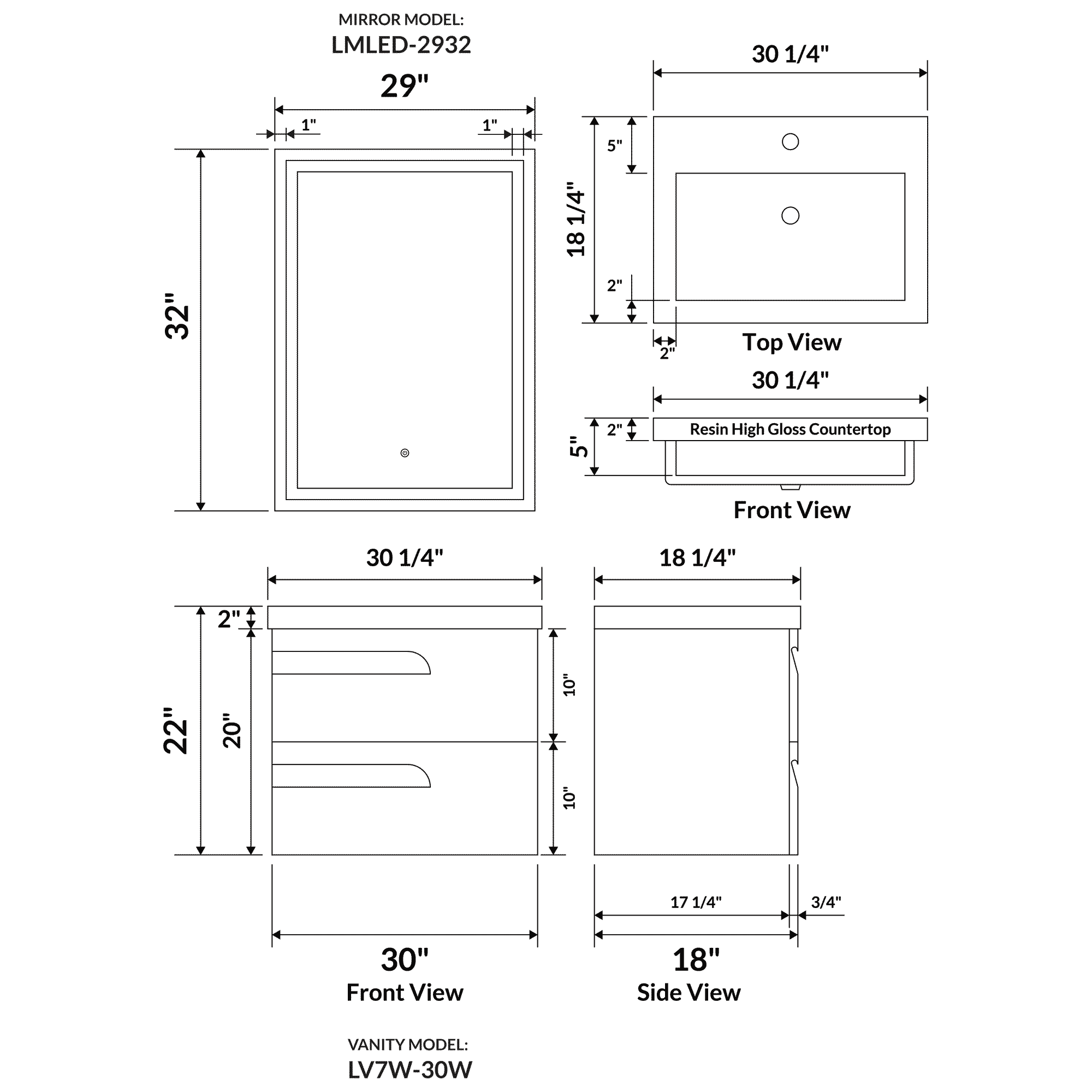 30" Wall Mount Single Sink Bathroom Vanity in Gray Gloss with Square Counter Top LV7W-30G - Image 3