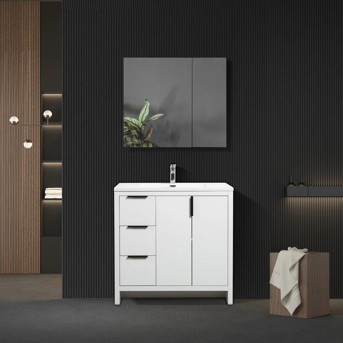 36" W Freestanding Single Bathroom Vanity in White Gloss with Quartz Integrated Sink LV14-36W