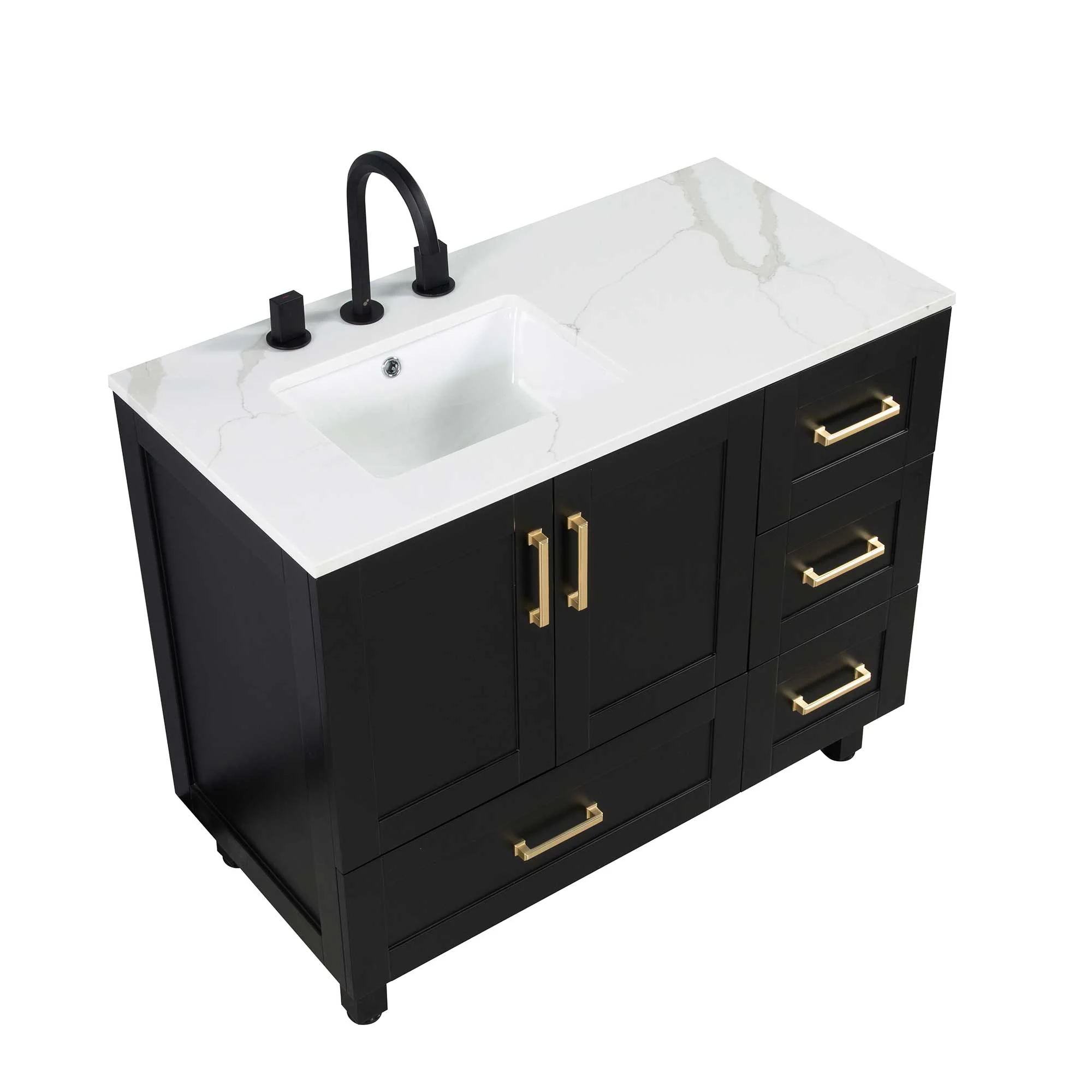 42" Freestanding Single Bathroom Vanity in Black with Quartz Stone Countertop - Image 3