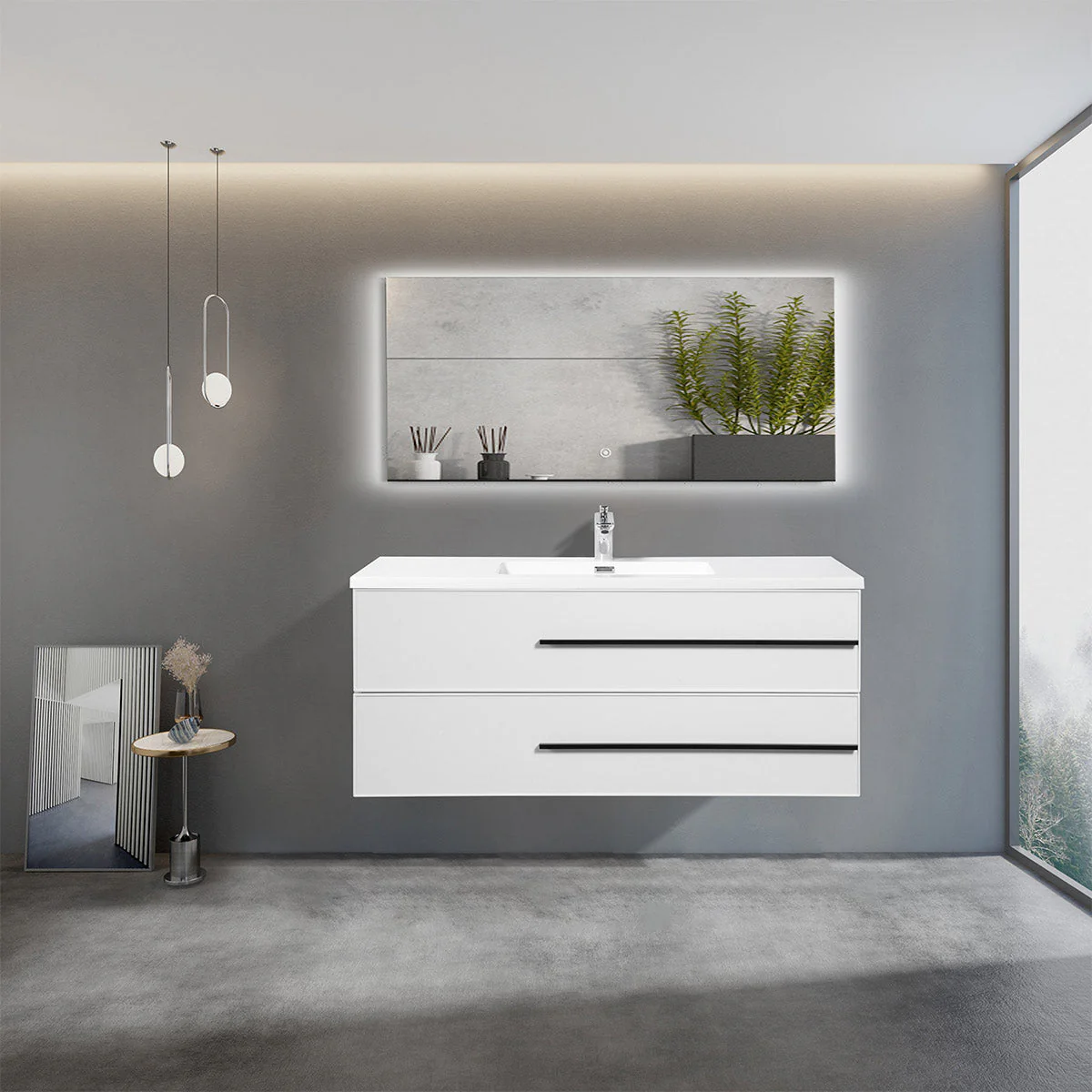 48" Wall Mount Single Bathroom Vanity in White Gloss with White Integrated Sink LV15W-48W