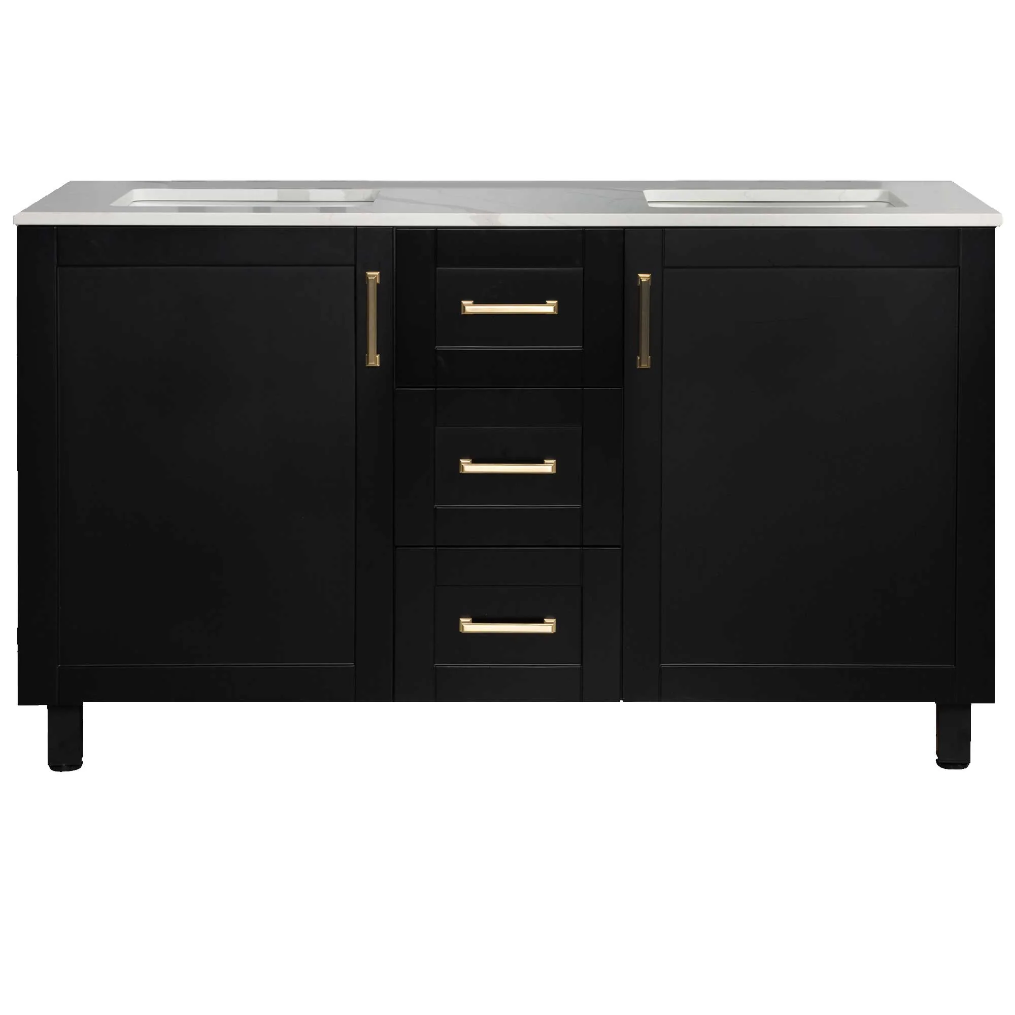 60" Freestanding Double Bathroom Vanity in Black with Quartz Stone Countertop - Image 3
