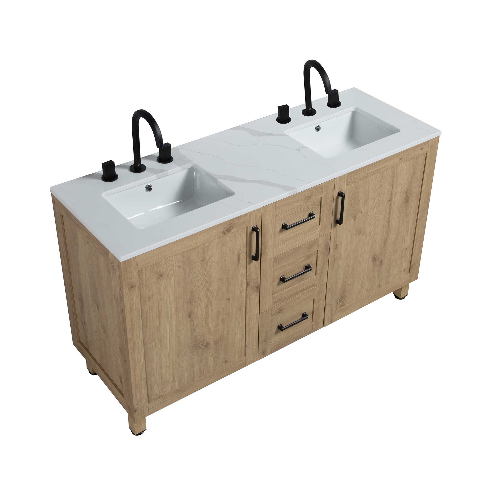 60" Freestanding Double Bathroom Vanity in Oak with Quartz Stone Countertop - Image 3