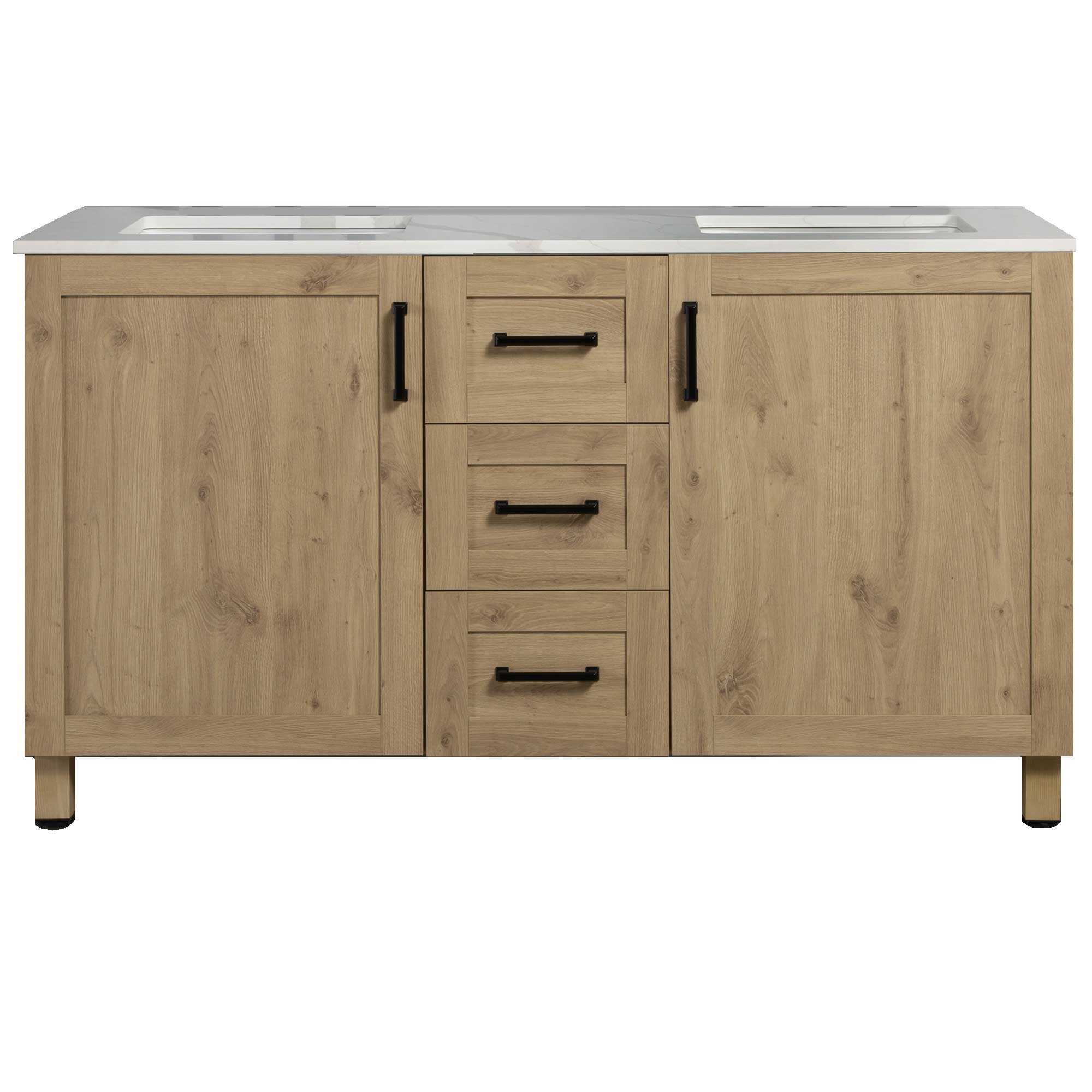60" Freestanding Double Bathroom Vanity in Oak with Quartz Stone Countertop - Image 4