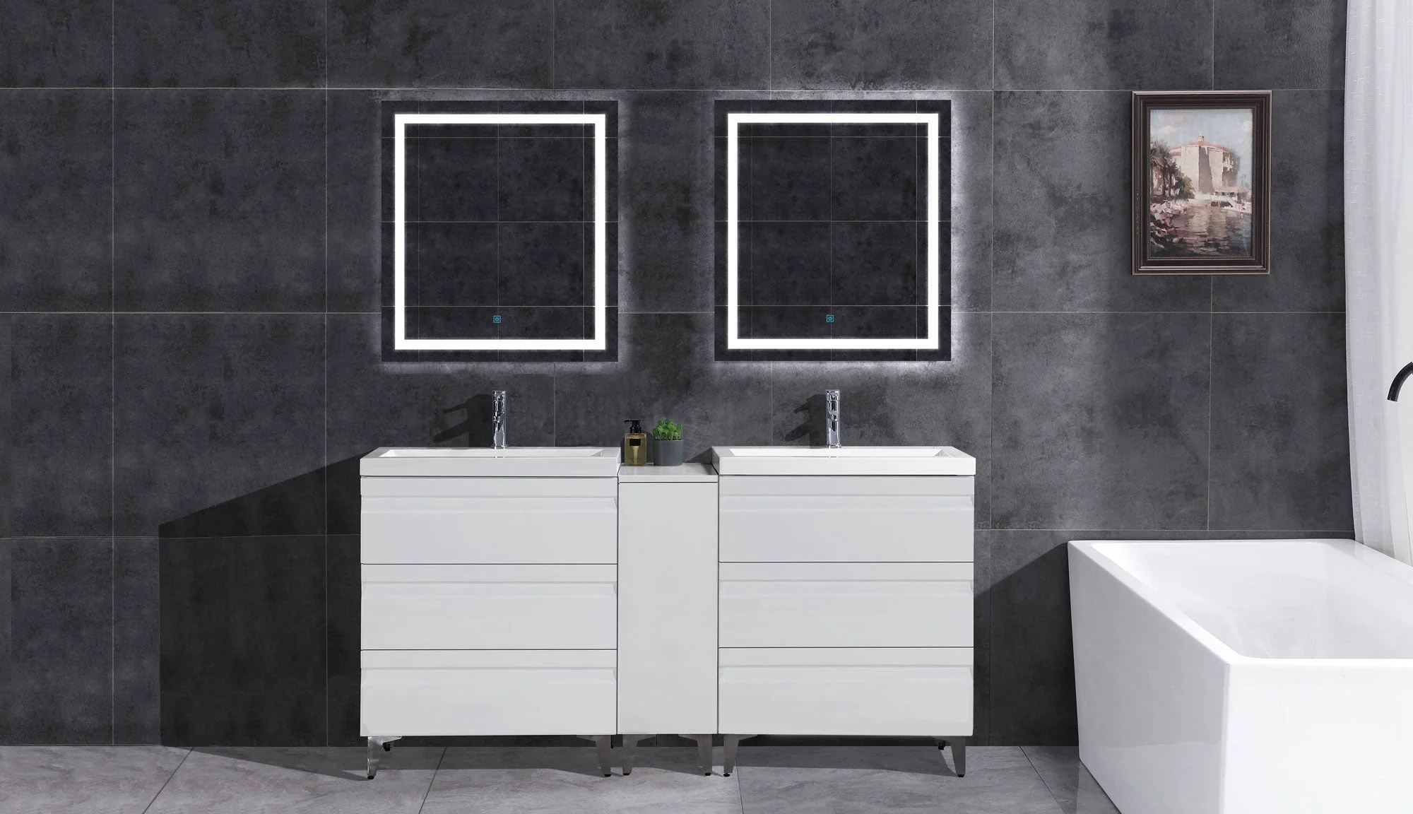 60" W Freestanding White Vanity Set with Two Sinks (LV8-C13B-60W) Style 8