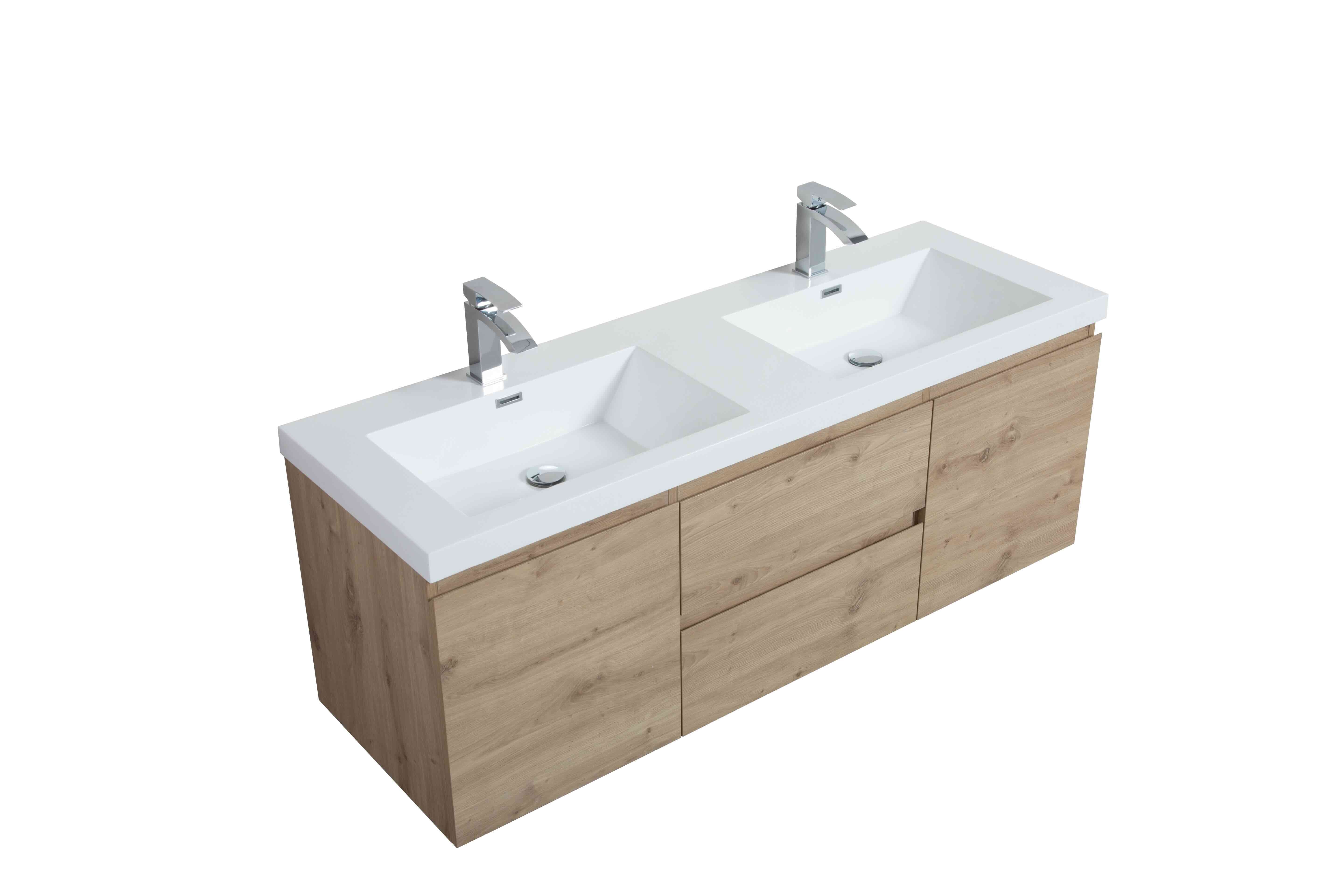 60" Wall Mount Double Bathroom Vanity in Oak with White Integrated Double Sink LV13-60D - Image 4
