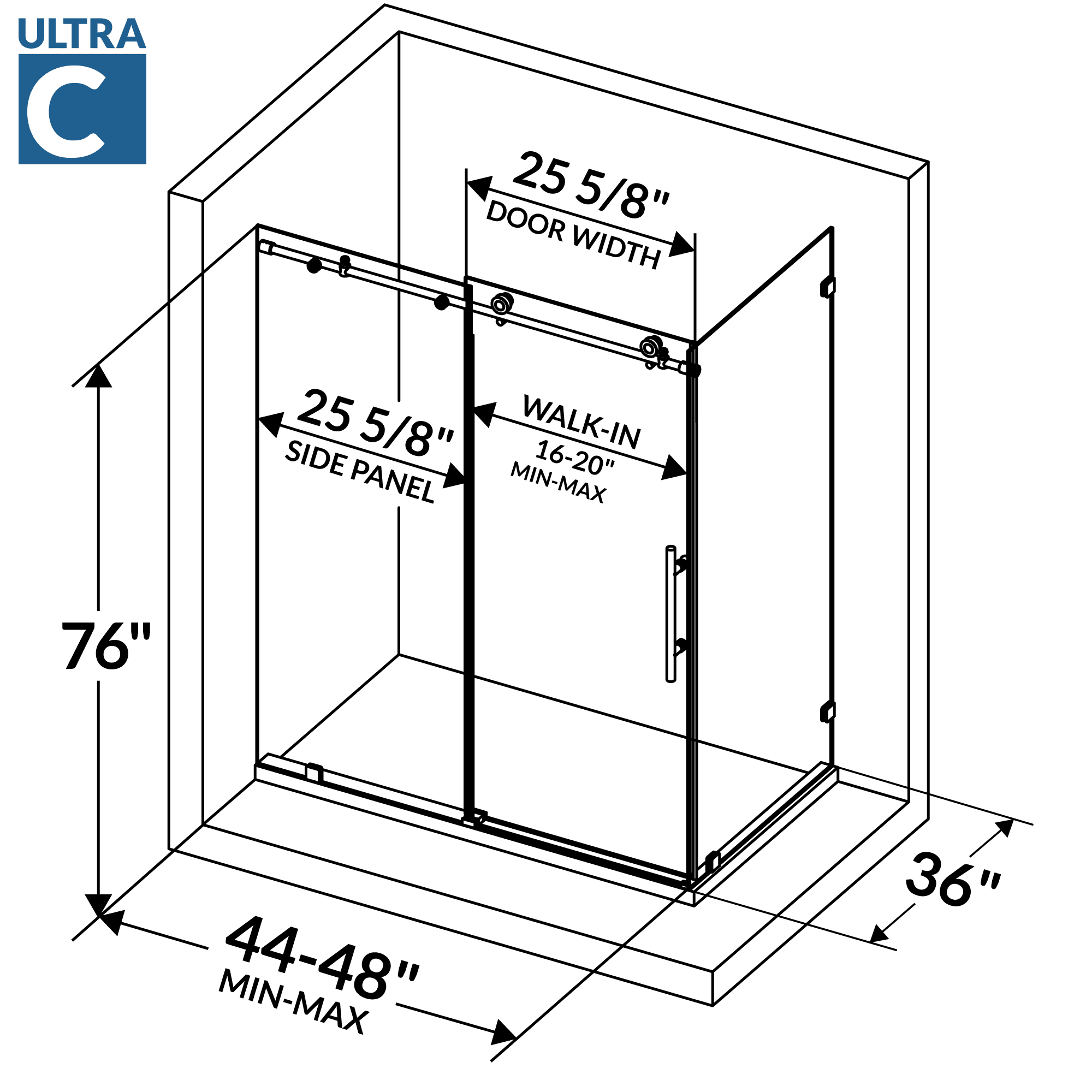 44-48 W x 76 H  x 36 D Sliding Frameless Shower Enclosure ULTRA-C with Clear Glass in Chrome - Image 5