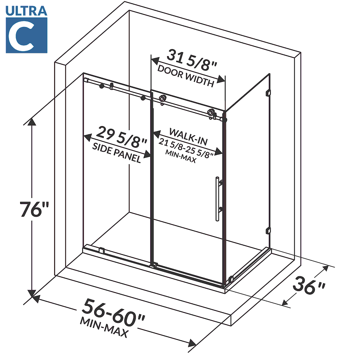 56-60 W x 76 H x 36 D Sliding Frameless Shower Enclosure ULTRA-C with Clear Glass in Chrome - Image 5