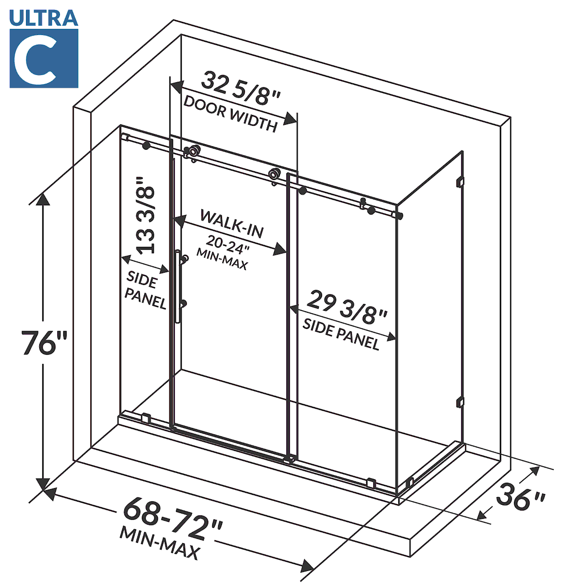 68-72 W x 76 H  x 36 D Sliding Frameless Shower Enclosure ULTRA-C with Clear Glass in Gold - Image 6