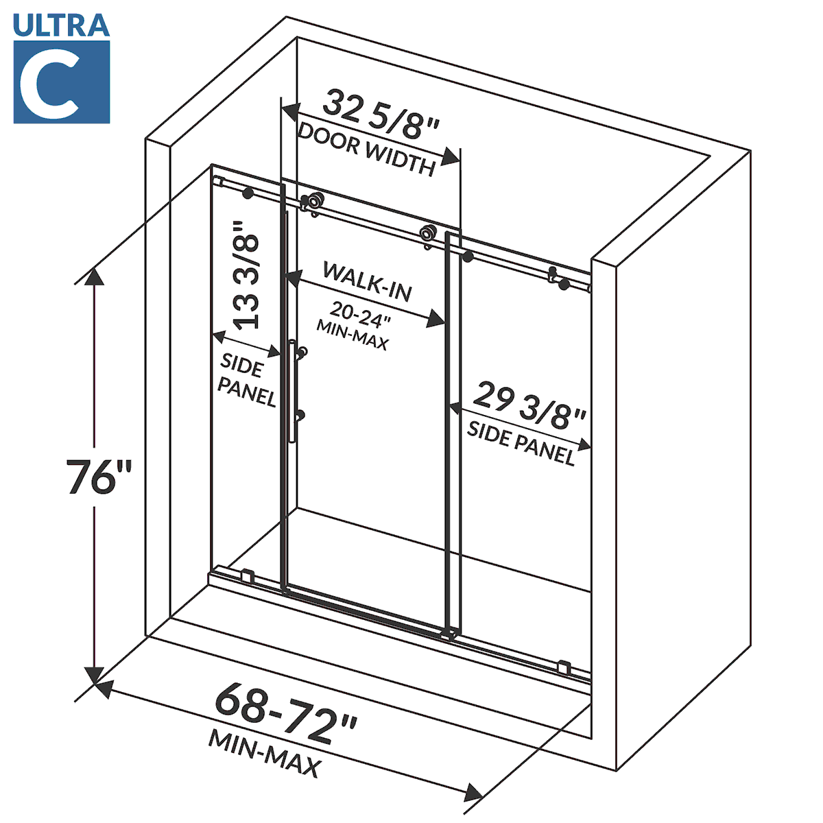 68-72 W x 76 H  Sliding Frameless Shower Door ULTRA-C with Clear Glass in Matte Black - Image 7