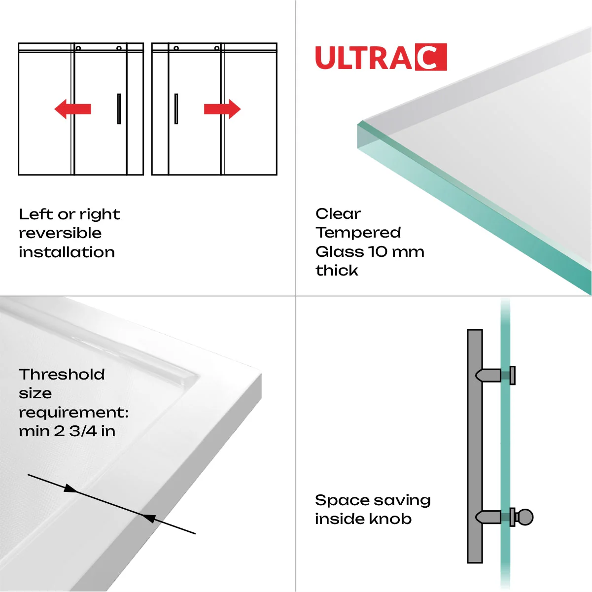 68-72 W x 76 H  Sliding Frameless Shower Door ULTRA-C with Clear Glass in Matte Black - Image 8