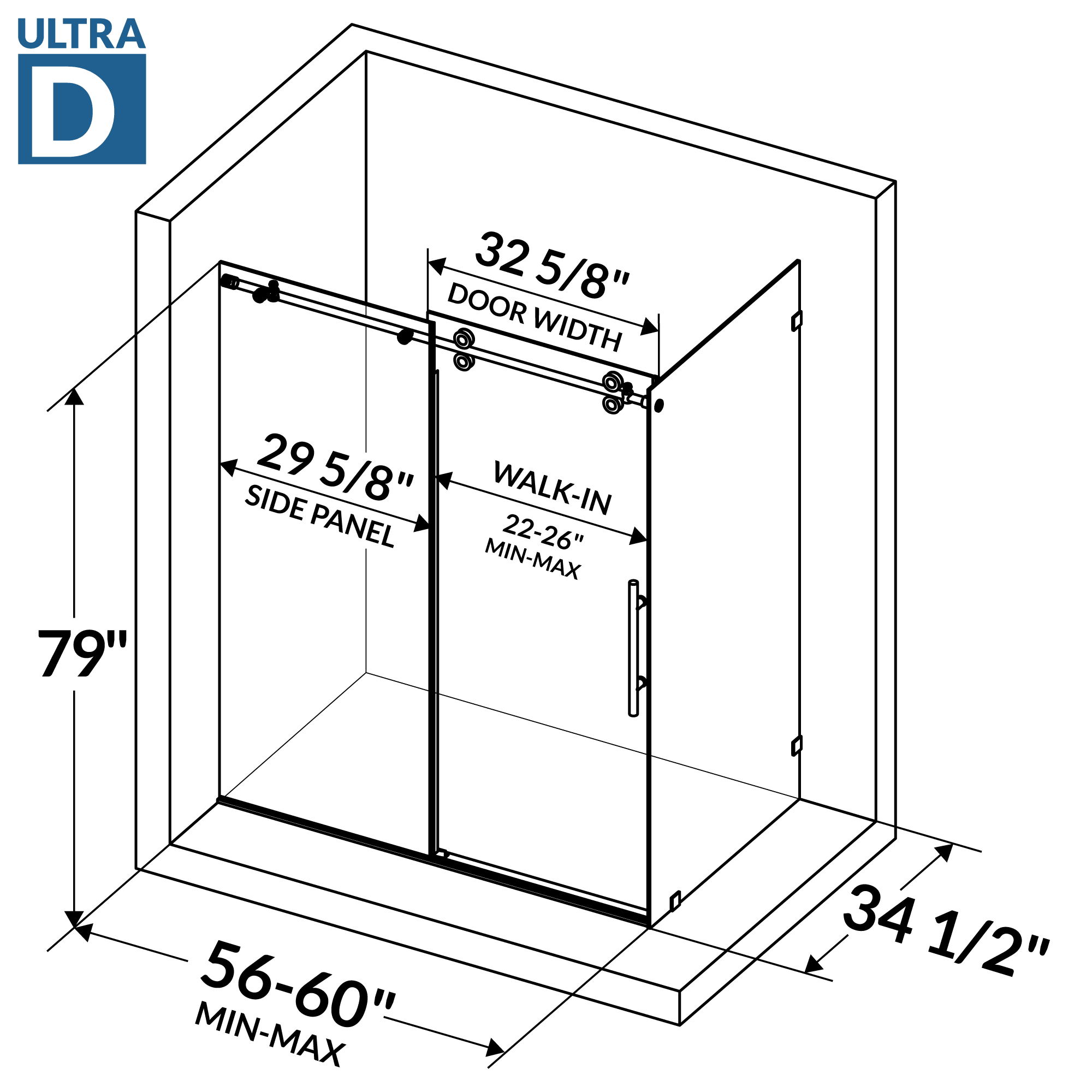 56-60 W x 79 H  x 34 1/2 D Sliding Shower Enclosure ULTRA-D Chrome - Image 3