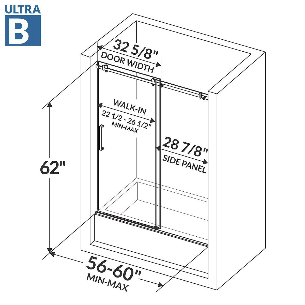 56-60 W x 62 H  Sliding Bathtub Semi-Frameless Door ULTRA-B with Clear Glass in Brushed Nickel - Image 4