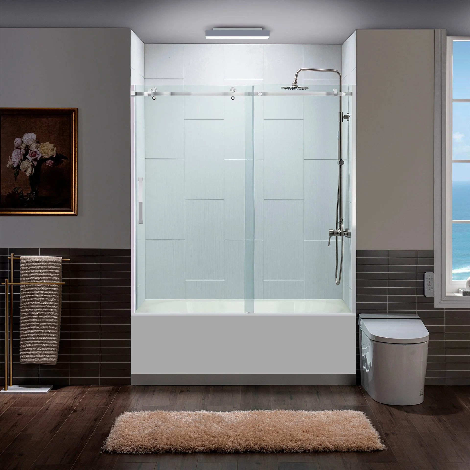 56-60 W x 62 H  Sliding Bathtub Semi-Frameless Door ULTRA-B with Clear Glass in Chrome - Image 3