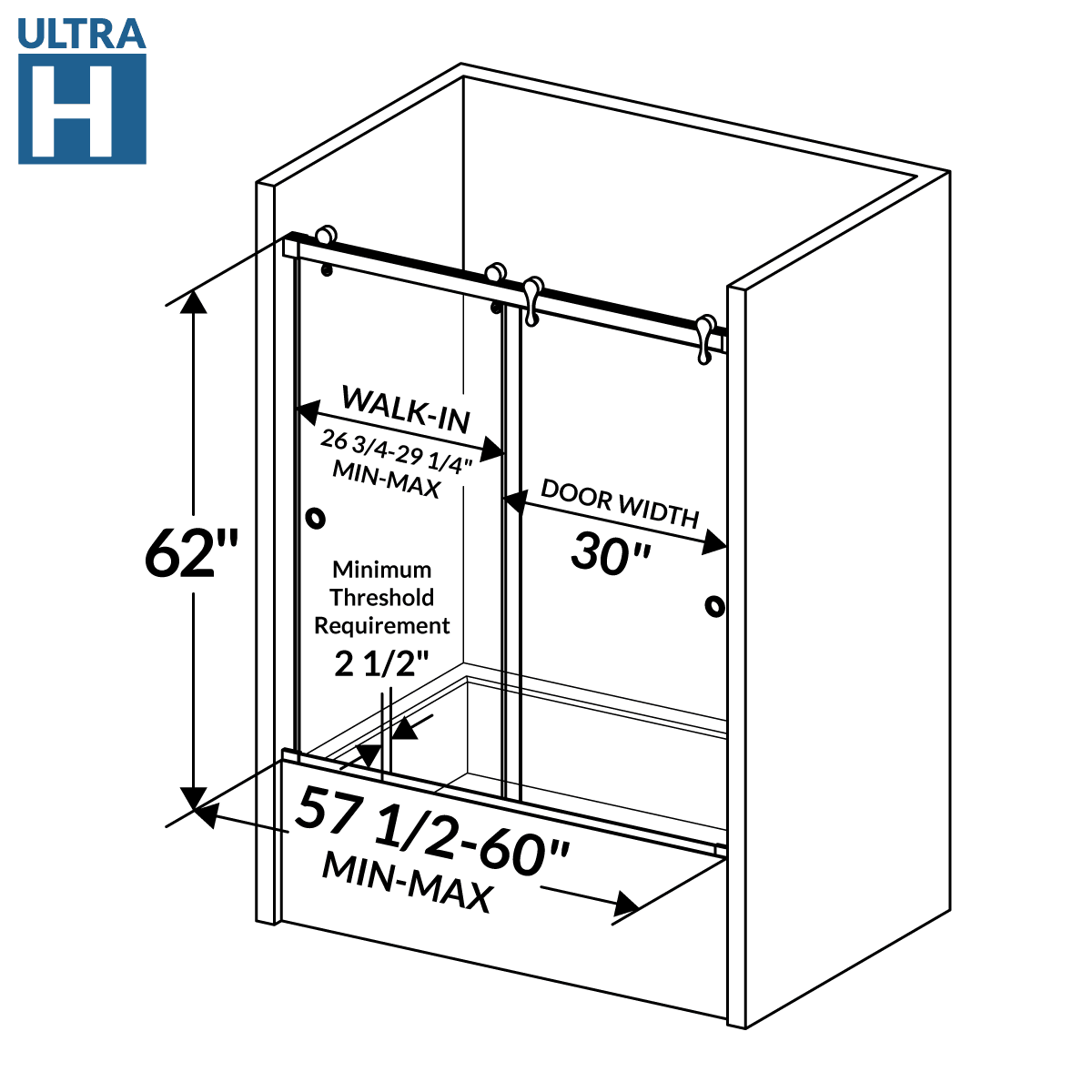 57 1/2-60 W x 62 H  Bypass Sliding Bathtub Door ULTRA-H Chrome - Image 4