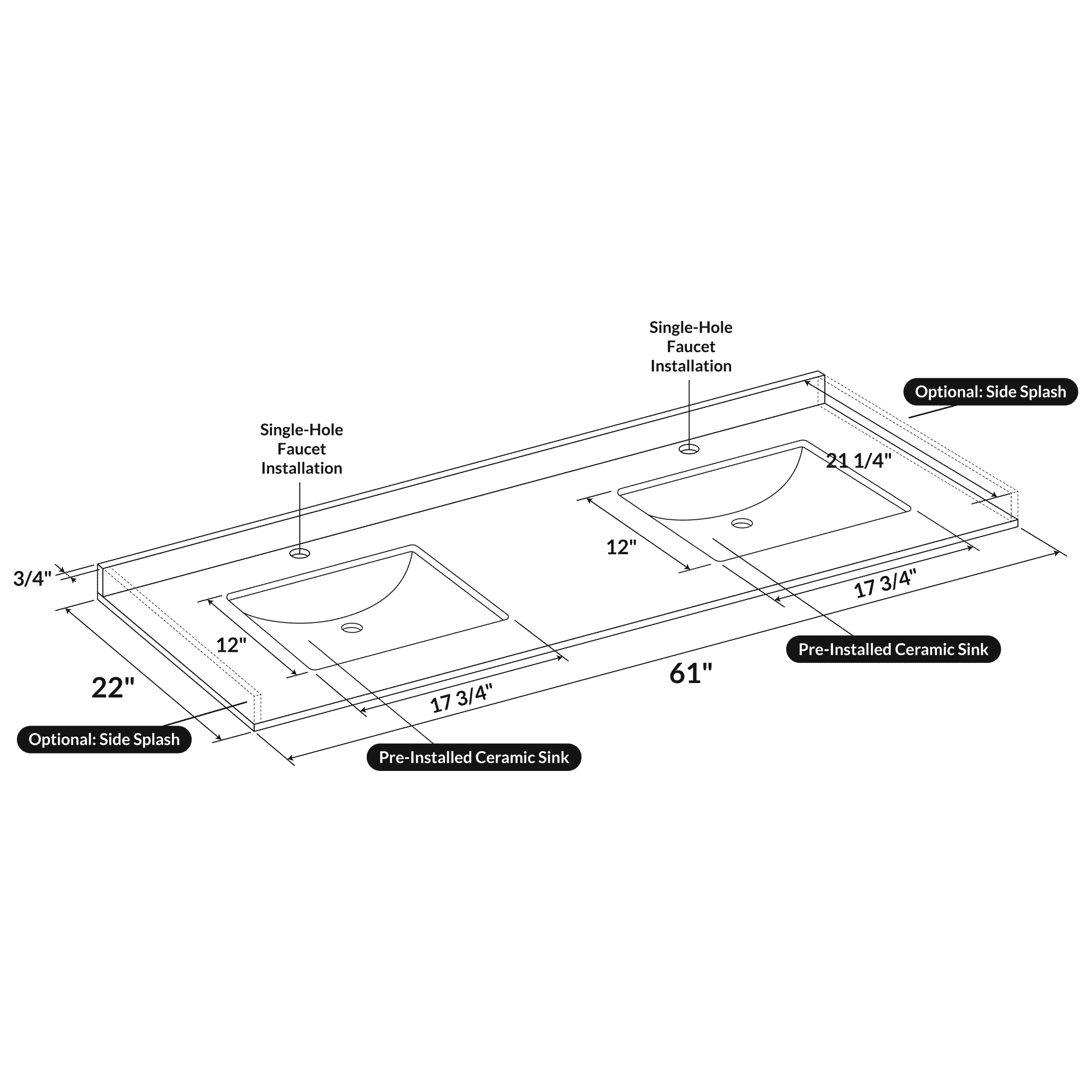 61 W x 22 L Calacatta White Vanity Top with Two Square Sinks - Single Faucet - Image 3