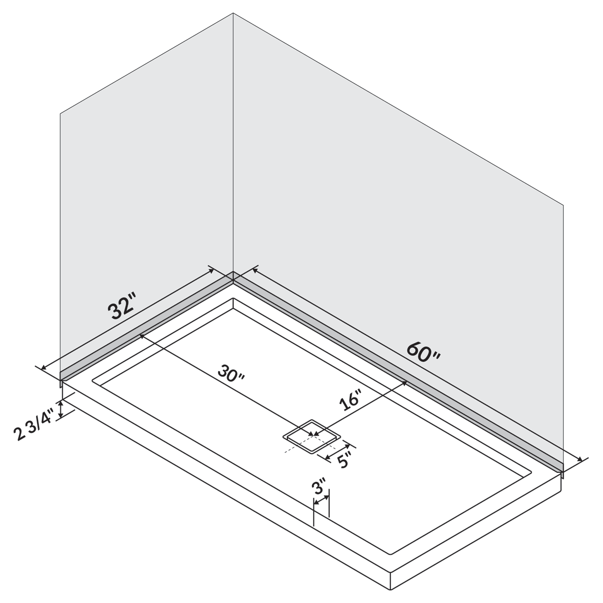 60 in x 32 in Single Threshold Shower Pan Base Alcove with Center Drain LessCare - Image 7